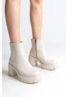 LISSE Fermuarlı Ortopedik Taban Kalın Topuklu Kadın Bot CKT - Krem