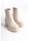LISSE Fermuarlı Ortopedik Taban Kalın Topuklu Kadın Bot CKT - Krem