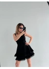 Mini Askılı Elbise - Siyah -