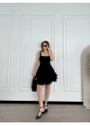 Mini Askılı Elbise - Siyah -