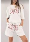 Nakış İşlemeli Şort Takım - Beyaz -