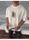 Ön ve Arka Baskılı Oversize Bisiklet Yaka T-shirt - Beyaz -