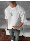 Ön ve Arka Baskılı Oversize Bisiklet Yaka T-shirt- Beyaz -