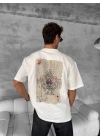 Ön ve Arka Baskılı Oversize Bisiklet Yaka T-shirt - Beyaz -
