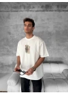 Ön ve Arka Baskılı Oversize Bisiklet Yaka T-shirt - Beyaz -
