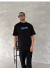 Ön ve Arka Baskılı Oversize Bisiklet Yaka T-shirt- Siyah -