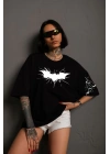 Ön ve Kol Baskılı Oversize T-shirt - Siyah -