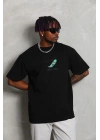 Oversize Baskılı Bisiklet Yaka T-Shirt - Siyah -