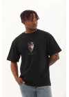 Oversize Baskılı Bisiklet Yaka T-Shirt - Siyah -