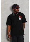 Oversize Baskılı Bisiklet Yaka T-Shirt - Siyah -