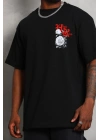 Oversize Baskılı Bisiklet Yaka T-Shirt - Siyah -