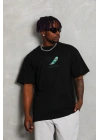 Oversize Baskılı Bisiklet Yaka T-Shirt - Siyah -