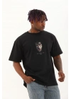 Oversize Baskılı Bisiklet Yaka T-Shirt - Siyah -