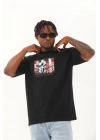 Oversize Baskılı Bisiklet Yaka T-Shirt - Siyah -