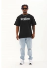 Oversize Baskılı Bisiklet Yaka T-Shirt - Siyah -