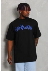 Oversize Baskılı Bisiklet Yaka T-Shirt - Siyah -