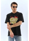 Oversize Baskılı Bisiklet Yaka T-Shirt - Siyah -