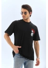 Oversize Baskılı Bisiklet Yaka T-Shirt - Siyah -