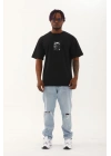 Oversize Baskılı Bisiklet Yaka T-Shirt - Siyah -