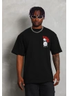 Oversize Baskılı Bisiklet Yaka T-Shirt - Siyah -