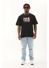 Oversize Baskılı Bisiklet Yaka T-Shirt - Siyah -