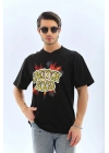 Oversize Baskılı Bisiklet Yaka T-Shirt - Siyah -