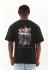 Oversize Baskılı Bisiklet Yaka T-Shirt - Siyah -