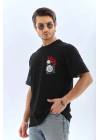 Oversize Baskılı Bisiklet Yaka T-Shirt - Siyah -