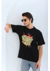 Oversize Baskılı Bisiklet Yaka T-Shirt - Siyah -