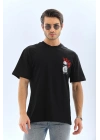 Oversize Baskılı Bisiklet Yaka T-Shirt - Siyah -