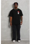 Oversize Baskılı Bisiklet Yaka T-Shirt - Siyah -