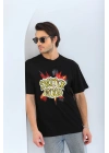 Oversize Baskılı Bisiklet Yaka T-Shirt - Siyah -