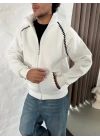 Oversize Dik Yaka Fermuarlı Sweatshirt - Zincir Nakışli Kanguru Cepli - Beyaz -
