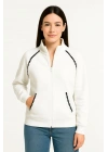 Oversize Dik Yaka Fermuarlı Sweatshirt - Zincir Nakışli Kanguru Cepli, - Beyaz -