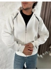 Oversize Dik Yaka Fermuarlı Sweatshirt - Zincir Nakışli Kanguru Cepli - Beyaz -