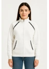 Oversize Dik Yaka Fermuarlı Sweatshirt - Zincir Nakışli Kanguru Cepli, - Beyaz -