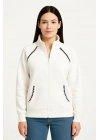Oversize Dik Yaka Fermuarlı Sweatshirt - Zincir Nakışli Kanguru Cepli, - Beyaz -