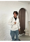 Oversize Dik Yaka Fermuarlı Sweatshirt - Zincir Nakışli Kanguru Cepli - Beyaz -