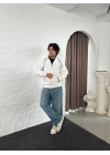 Oversize Dik Yaka Fermuarlı Sweatshirt - Zincir Nakışli Kanguru Cepli - Beyaz -