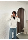 Oversize Dik Yaka Fermuarlı Sweatshirt - Zincir Nakışli Kanguru Cepli - Beyaz -