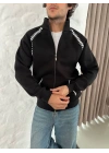 Oversize Dik Yaka Fermuarlı Sweatshirt - Zincir Nakışli Kanguru Cepli - Siyah -