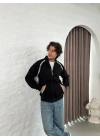 Oversize Dik Yaka Fermuarlı Sweatshirt - Zincir Nakışli Kanguru Cepli - Siyah -