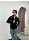 Oversize Dik Yaka Fermuarlı Sweatshirt - Zincir Nakışli Kanguru Cepli - Siyah -