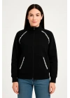 Oversize Dik Yaka Fermuarlı Sweatshirt - Zincir Nakışli Kanguru Cepli, - Siyah -