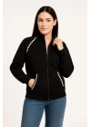 Oversize Dik Yaka Fermuarlı Sweatshirt - Zincir Nakışli Kanguru Cepli, - Siyah -