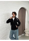 Oversize Dik Yaka Fermuarlı Sweatshirt - Zincir Nakışli Kanguru Cepli - Siyah -