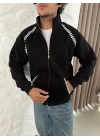 Oversize Dik Yaka Fermuarlı Sweatshirt - Zincir Nakışli Kanguru Cepli - Siyah -