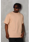 Oversize Düz Bisiklet Yaka T-Shirt - Bej -
