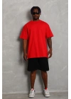 Oversize Düz Bisiklet Yaka T-Shirt - Kırmızı -
