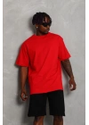 Oversize Düz Bisiklet Yaka T-Shirt - Kırmızı -